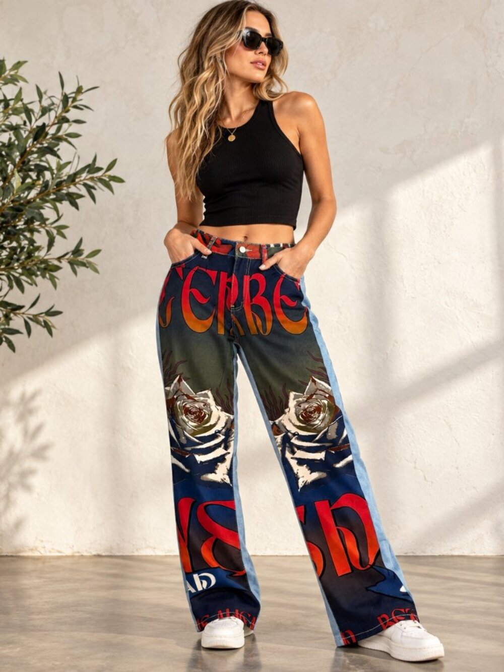 Fashion Nova Louder Than Words Wide Leg Jeans Size 7 NWT Graphic Rose Y2K
